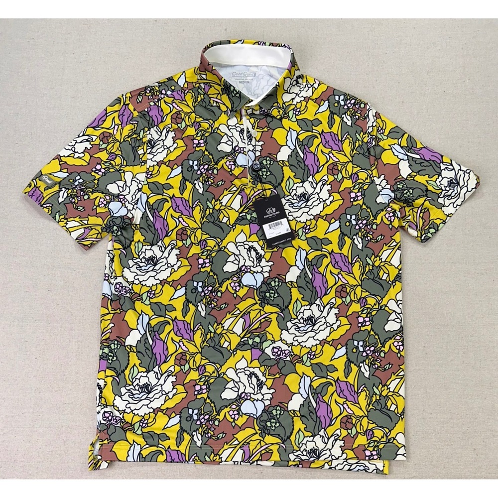 Good Good Golf First Bloom Polo Mens Medium Yellow Floral Short Sleeve GG1636-M